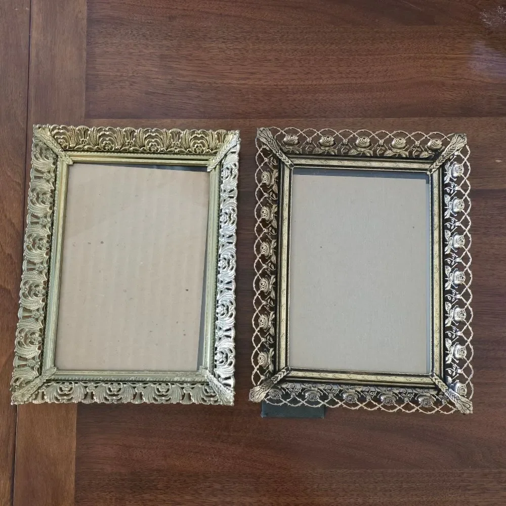 Vintage Ornate‎ Brass Photo Frame Set Gold Tone MCM Filigree Flowers Easel